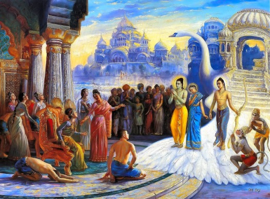 The return of Rama, Sita and Lakshmana to Ayodhya. (From Ramayana online).